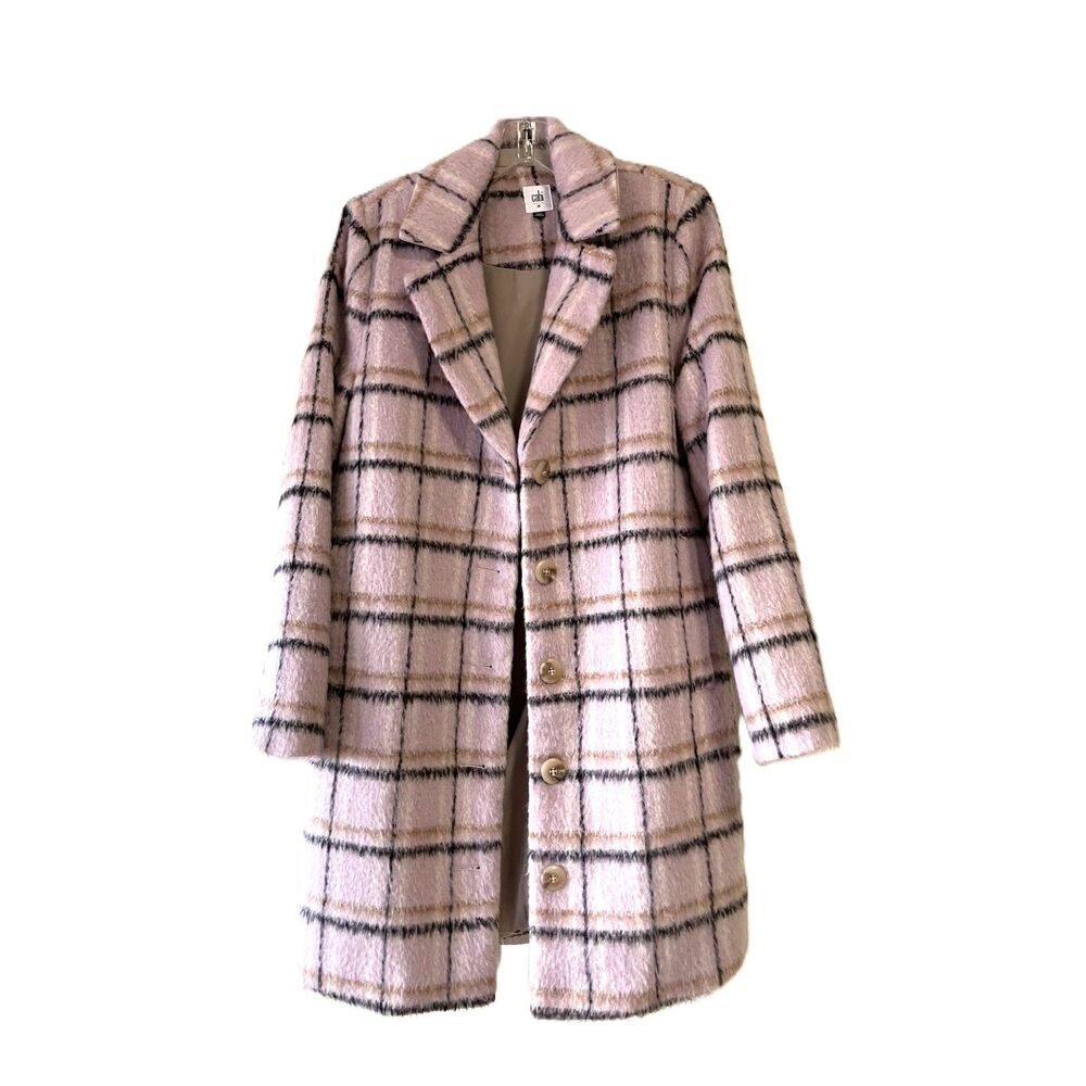 Cabi Grace Coat Womens Medium Pink Plaid Fuzzy Wool Blend Long Jacket Trench M